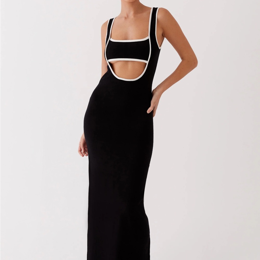 Peppermayo Lost in Paris (Knit Black Maxi Dress with White Contrast Trim)